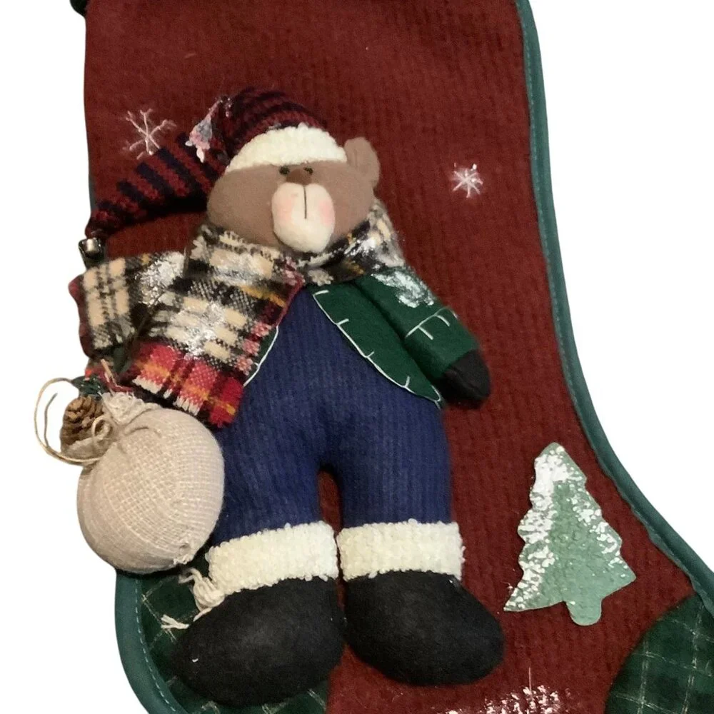 Vtg Beary Christmas Stocking 3D Bear‎ Plush Applique 18” Santas Best Red Green